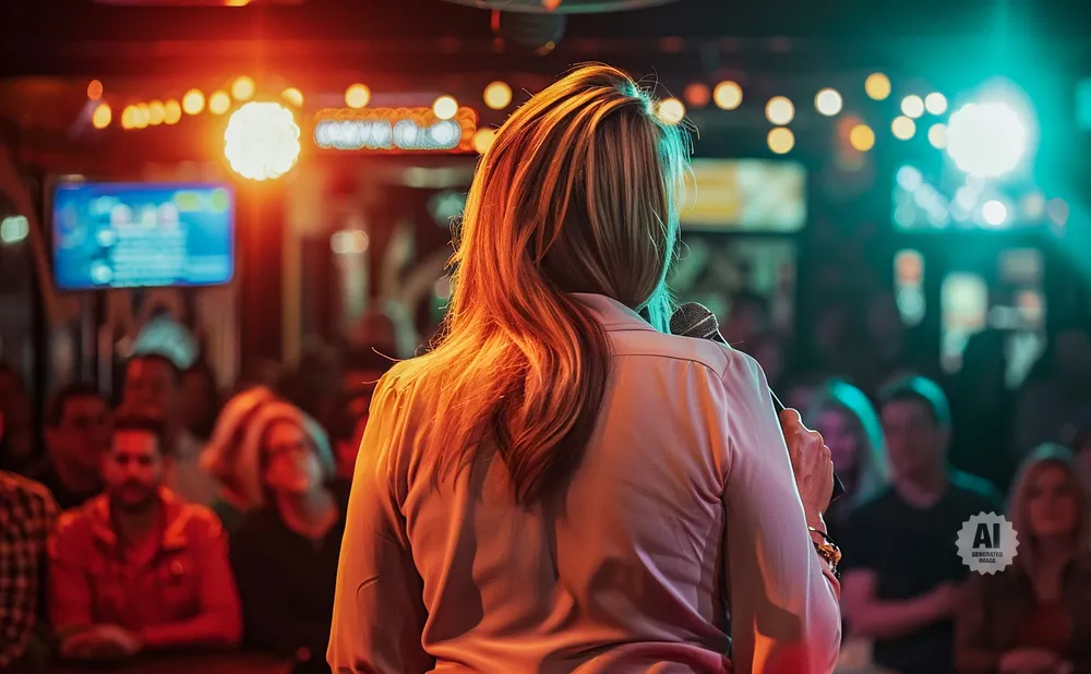 Woman with long blonde hair speaks into a microphone at a dimly lit event with colorful lights.