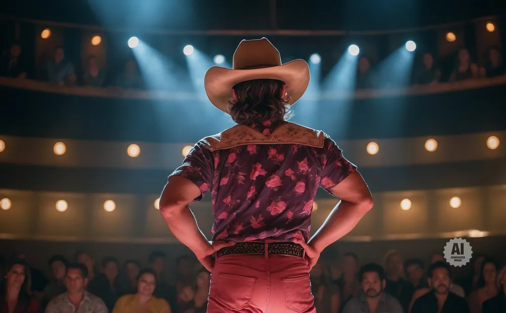 A person in a cowboy hat and floral shirt stands with hands on hips on a stage, facing an audience.