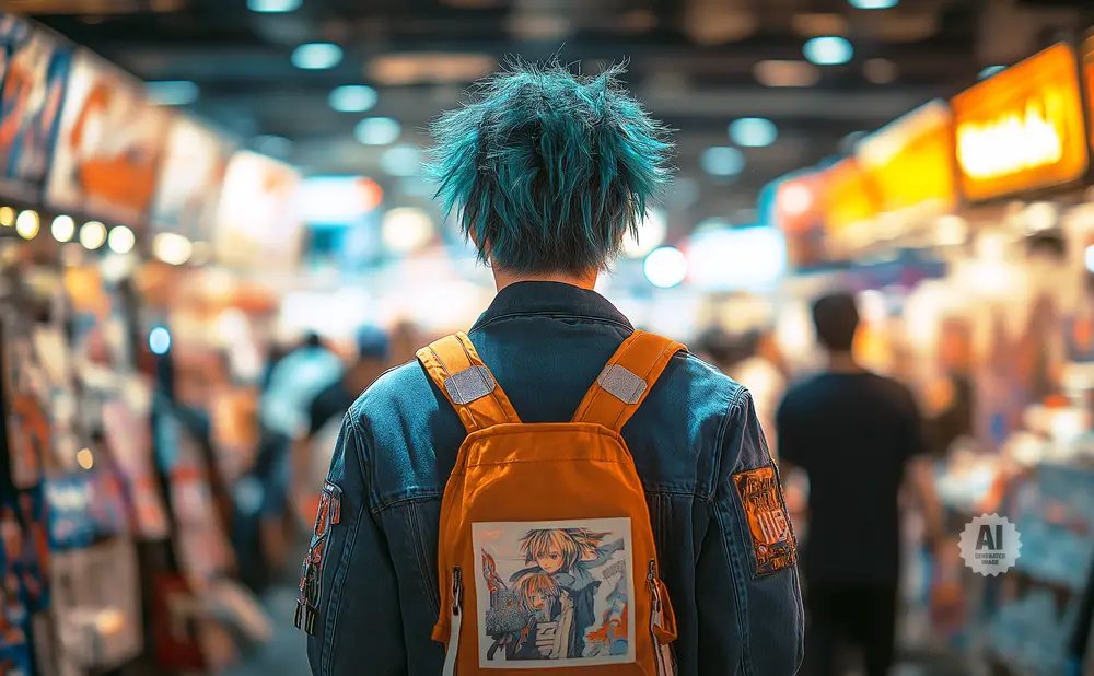 Person with blue spiky hair wearing a denim jacket and orange backpack with anime art.