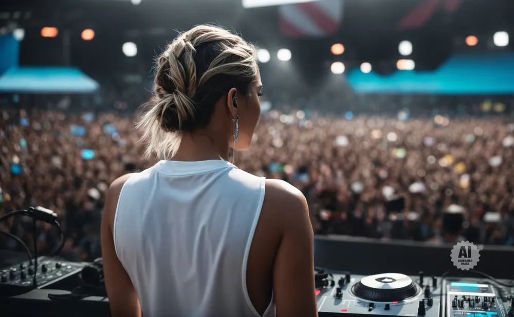 DJ playing for a large, excited crowd at an outdoor music festival.