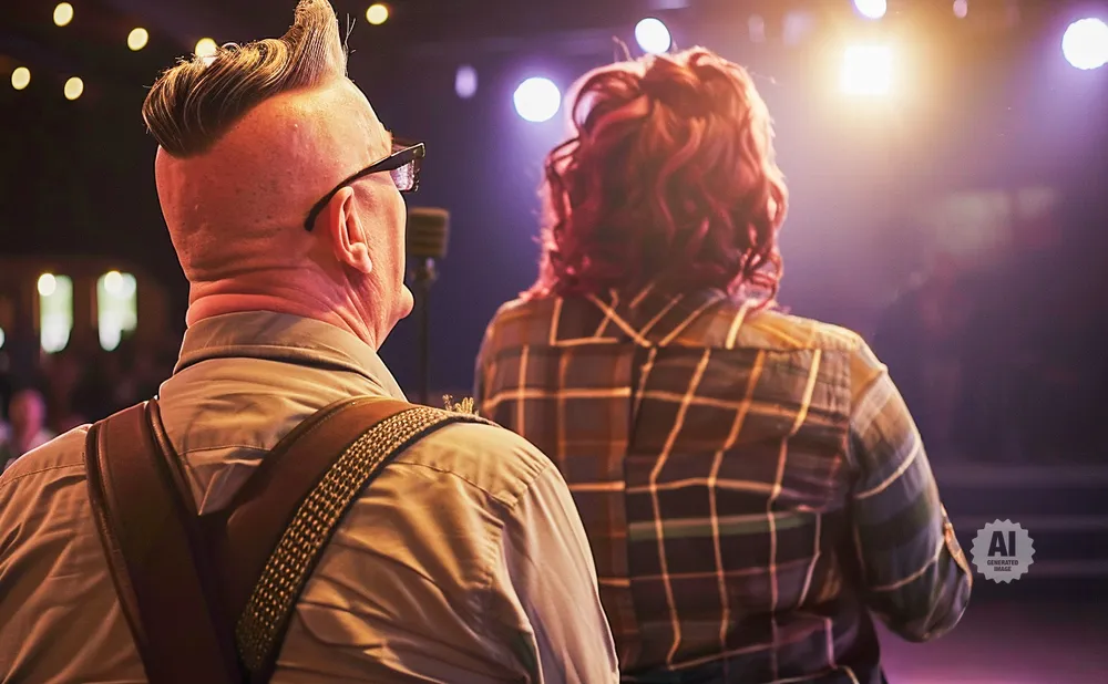 Man with mohawk and woman in plaid shirt facing away from camera on a dimly lit stage.