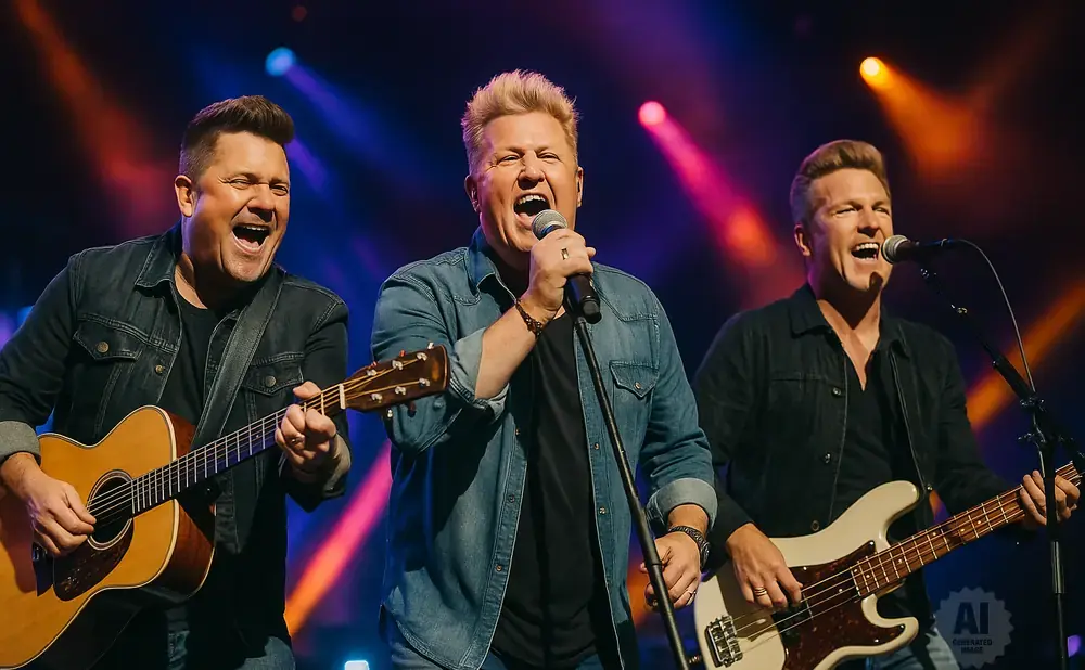 Three men on stage with instruments: one plays acoustic guitar, one sings into a microphone, and one plays bass guitar.
