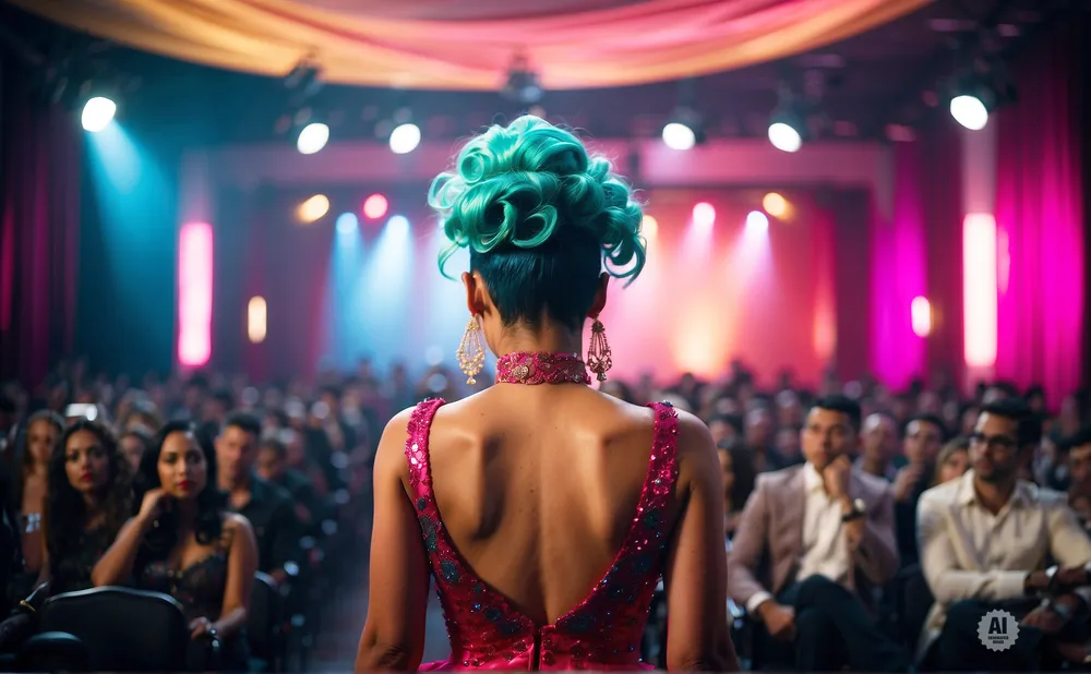 Woman with vibrant teal hair and a sparkly pink dress stands with her back to the camera on a stage in front of an audience.