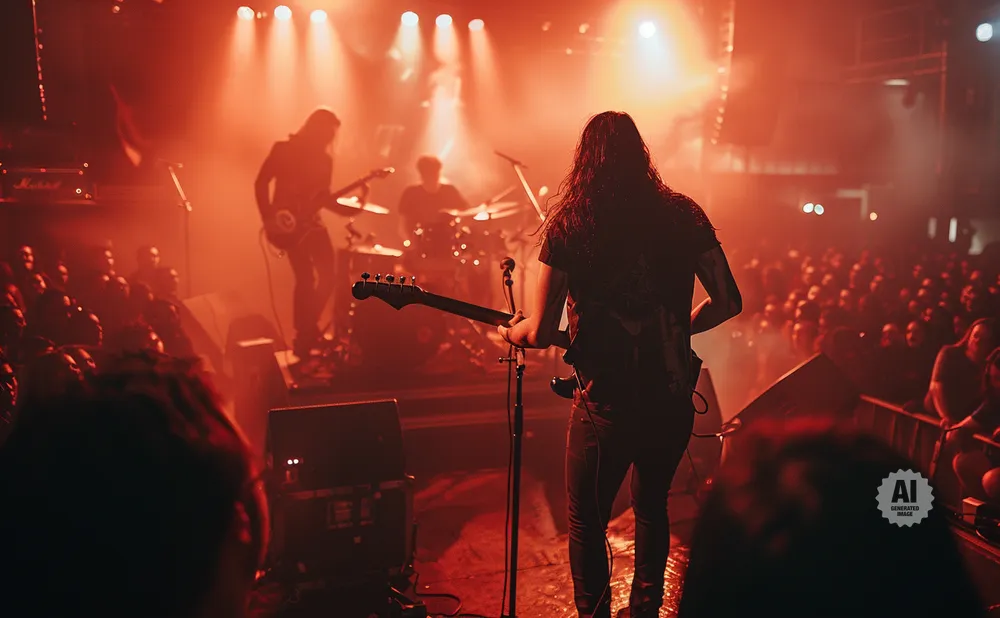 A rock band performs on a stage lit with red lights, with a guitarist in the foreground and a crowd watching.