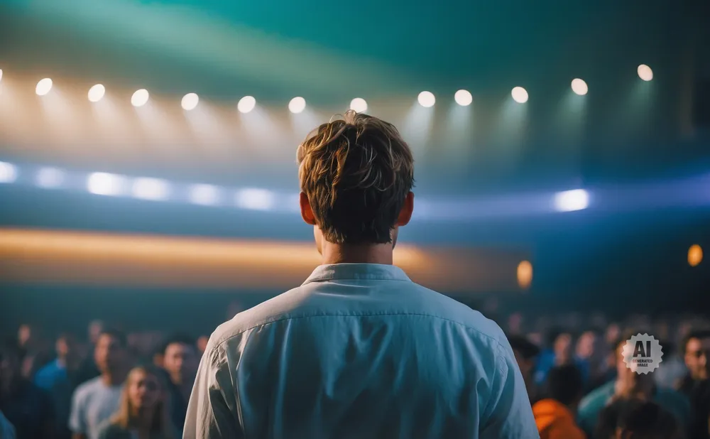 Back of a man in a white shirt facing a dimly lit audience, with stage lights above.