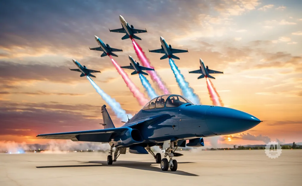 Blue jet on tarmac with jets in formation overhead releasing red and blue smoke at sunset.