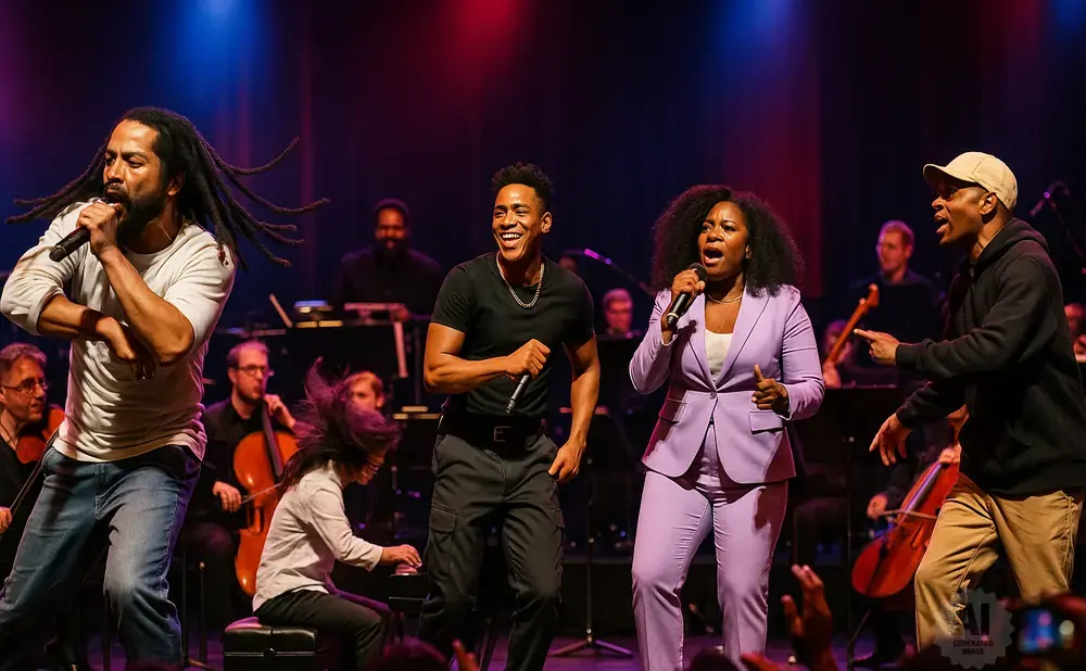 Five singers and an orchestra perform on stage with colorful lighting.