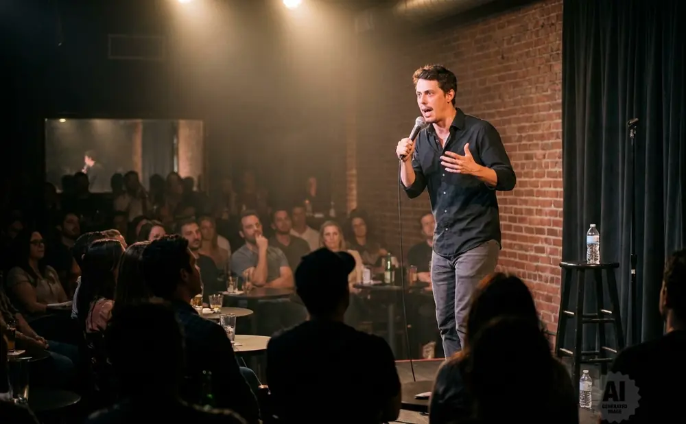 Man speaking into a microphone wearing a purple and grey striped cardigan over a plaid shirt.