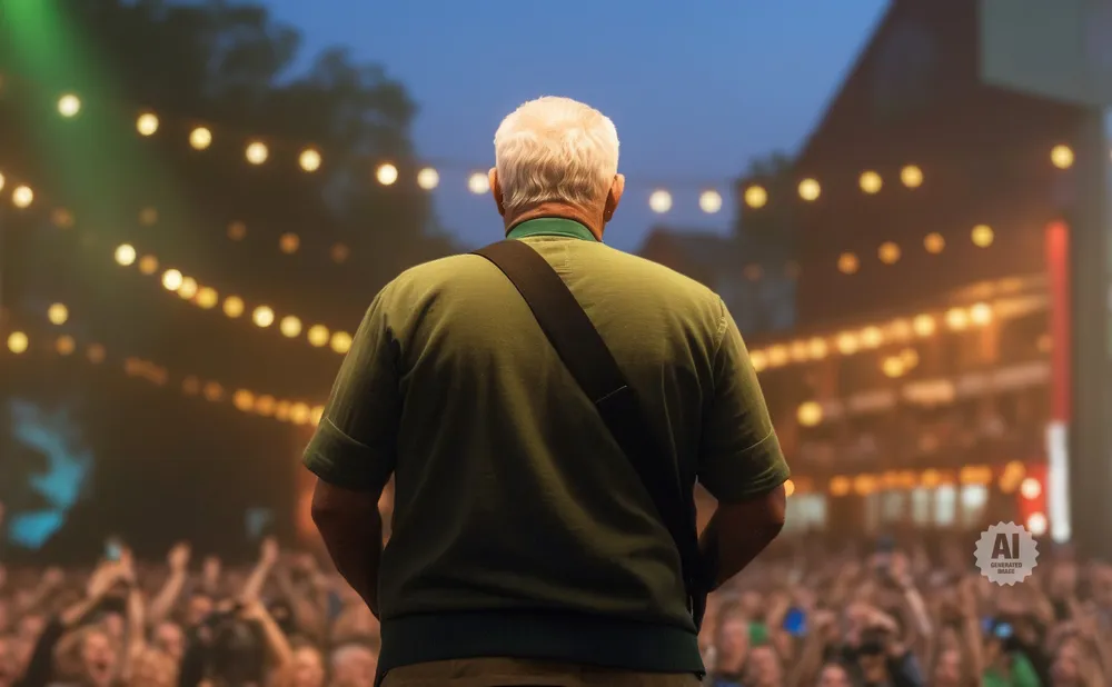An older man with white hair faces a cheering crowd at a concert, illuminated by string lights.