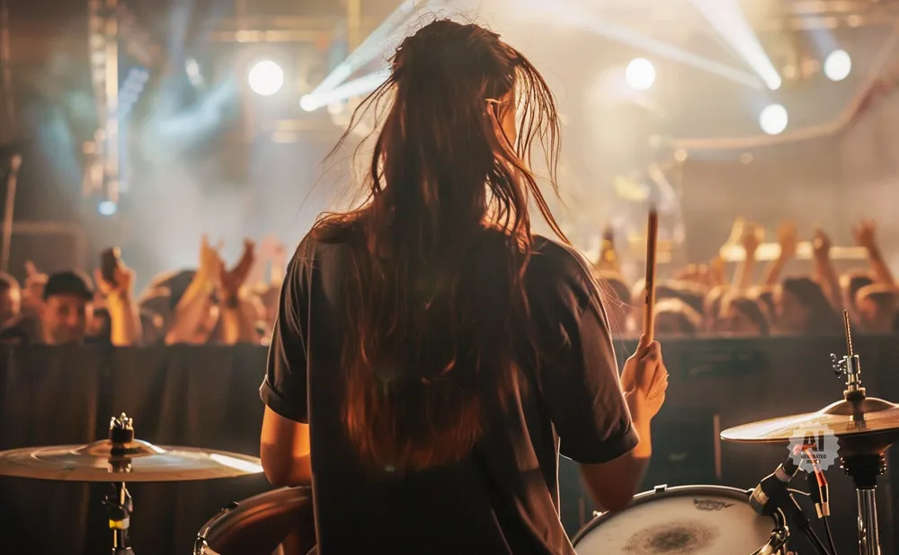 Drummer plays to a cheering crowd under bright stage lights.