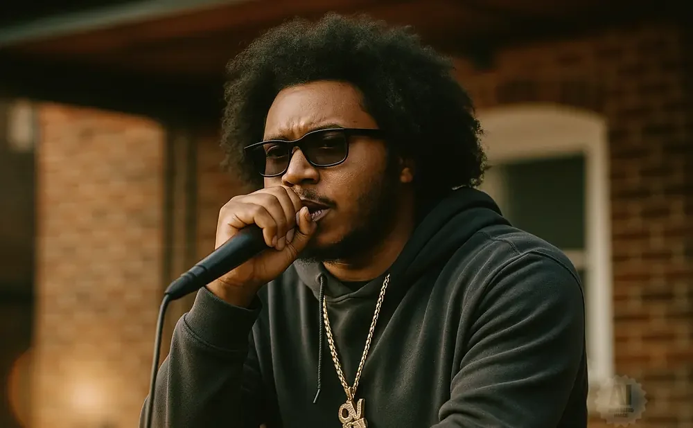 A man with an afro and sunglasses raps into a microphone, wearing a black hoodie and gold chain.