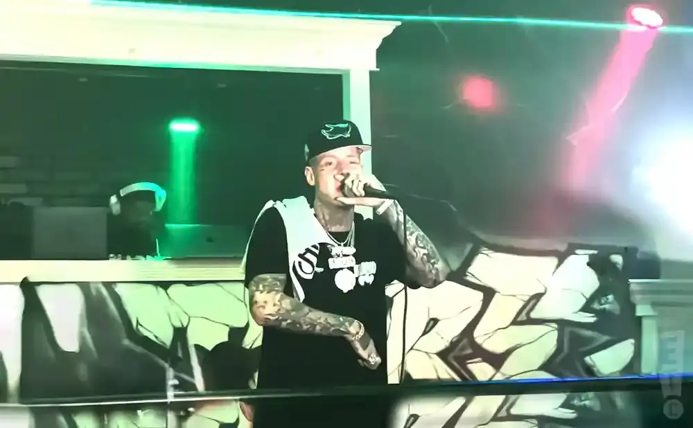 Rapper speaking into a microphone on stage, with green and pink lights.