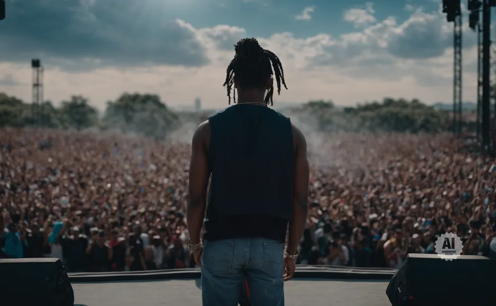 A performer with dreadlocks faces a massive, cheering crowd at an outdoor concert.