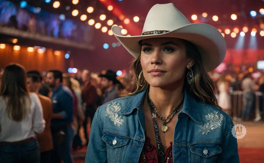 A woman in a white cowboy hat and denim jacket smiles at a crowd.