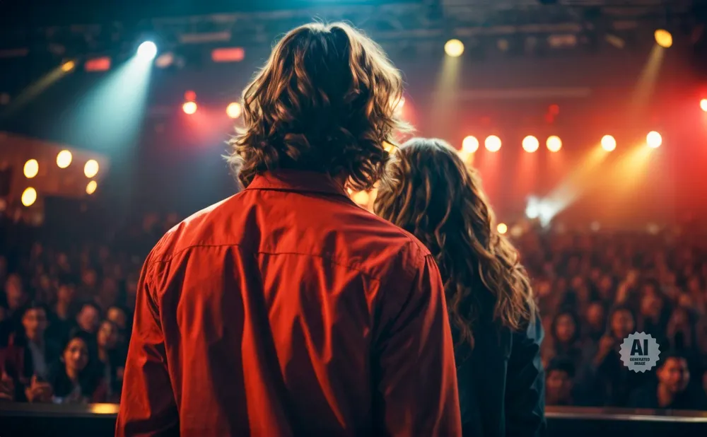 Two people on a stage facing a crowd, with spotlights illuminating them.