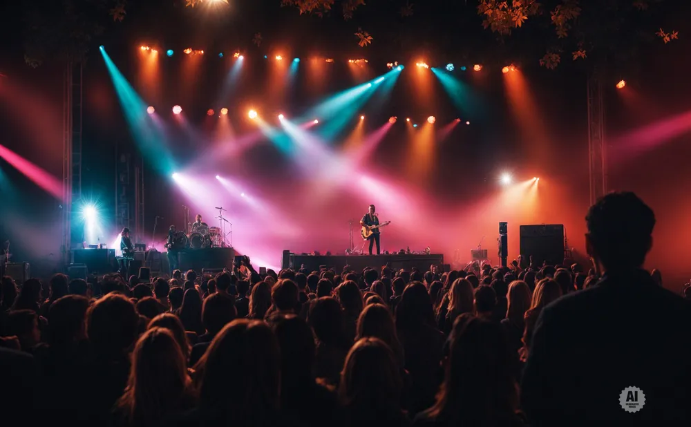 A band plays on a stage lit by colorful lights to a large crowd of people.