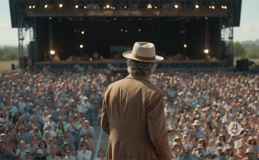 Man in a tan suit and hat stands facing a large crowd at an outdoor concert.
