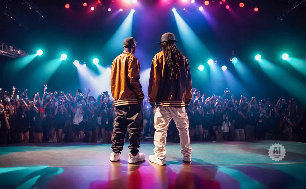 Two men in bomber jackets stand on stage facing a crowd of people holding up phones.