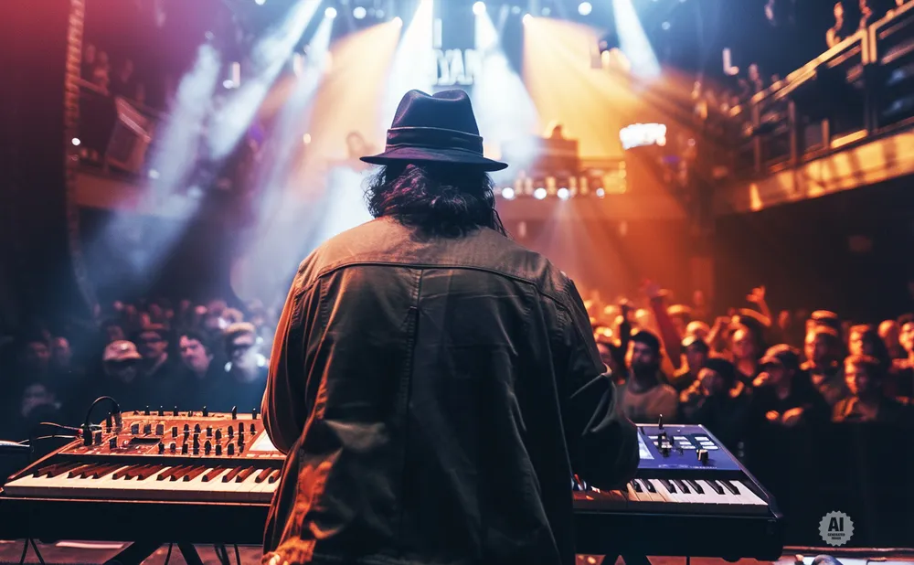 A musician wearing a fedora stands with their back to the camera, playing a keyboard on stage at a concert, illuminated by stage lights.
