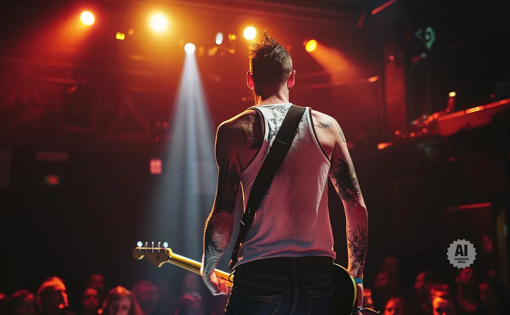 Musician on stage with guitar, back to camera, under bright stage lights and in front of an audience.