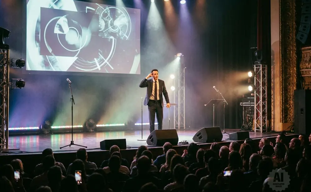 A man in a suit salutes on stage with a screen behind him and an audience watching.