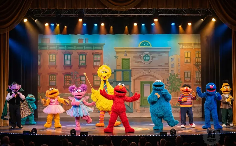 Sesame Street characters perform on stage in front of a backdrop of buildings.