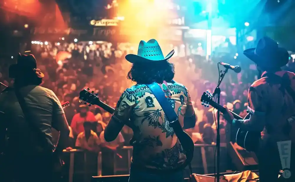 Musicians in cowboy hats play guitars on stage in front of a cheering crowd.