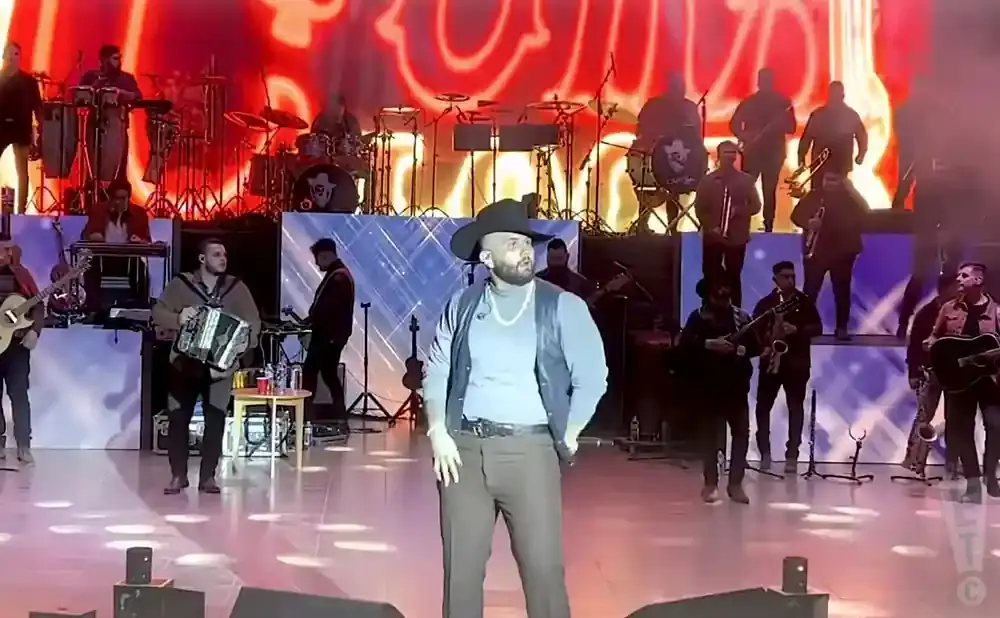 A male singer in a cowboy hat performs on stage with a band.