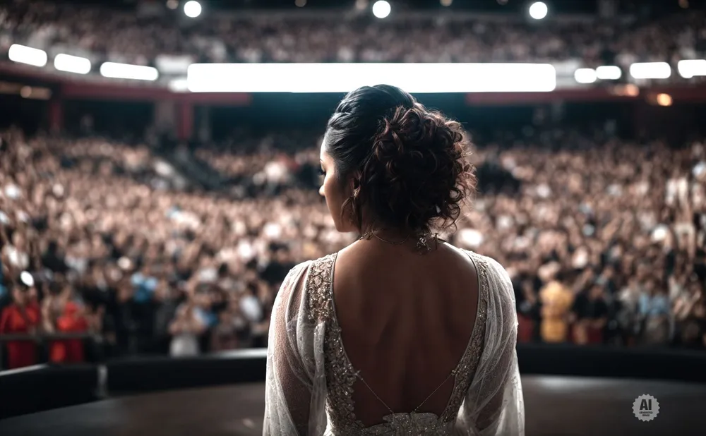 Woman in a sparkly dress facing a large, blurred audience in a stadium.