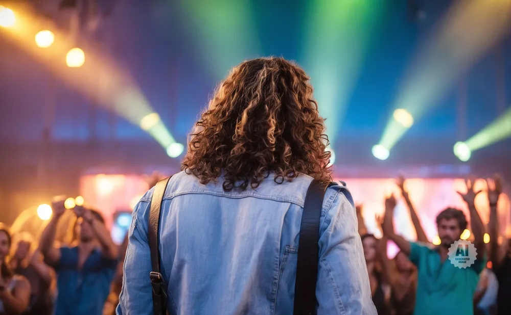 A musician with curly hair performs on stage, facing a cheering crowd under colorful lights.