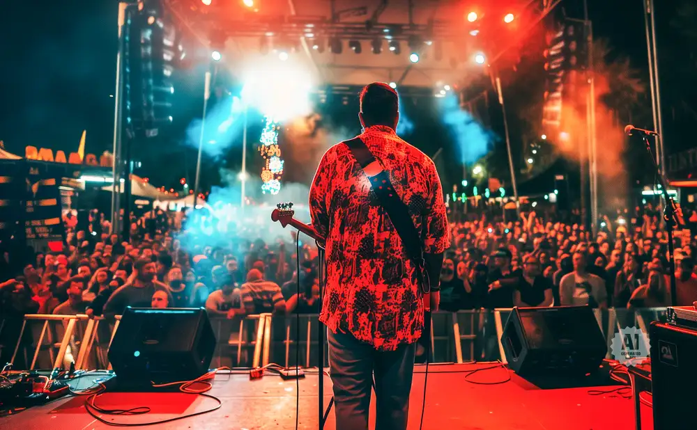A musician plays bass guitar on a brightly lit stage in front of a large, cheering crowd at night.