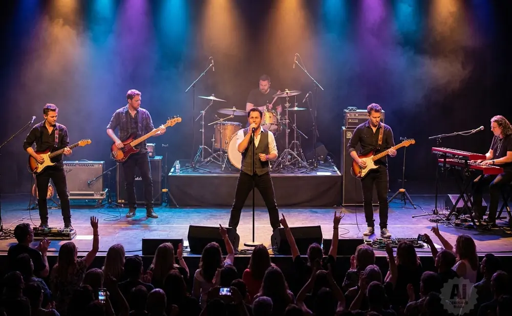 A live band performs on stage with colorful stage lights and smoke.