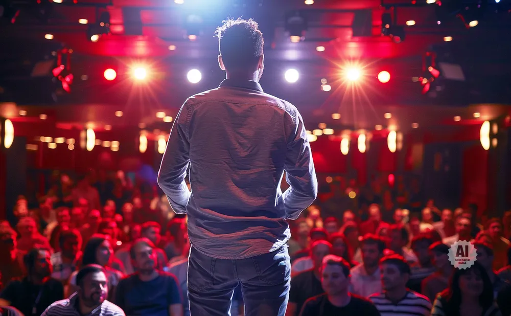 A speaker addresses a blurred audience from a stage lit by bright red lights.