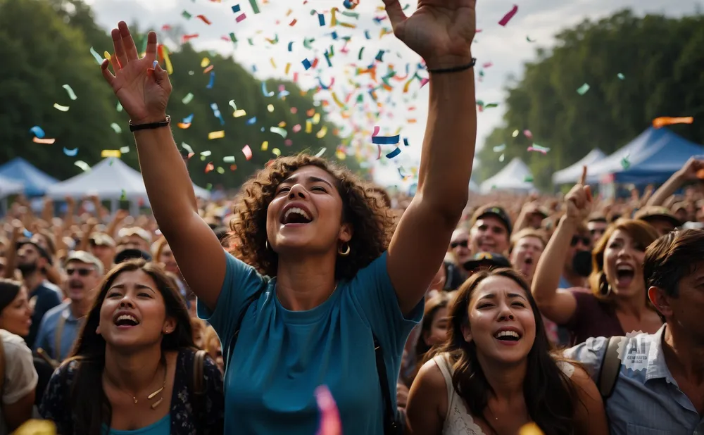 People celebrate outdoors as colorful confetti falls from the sky.