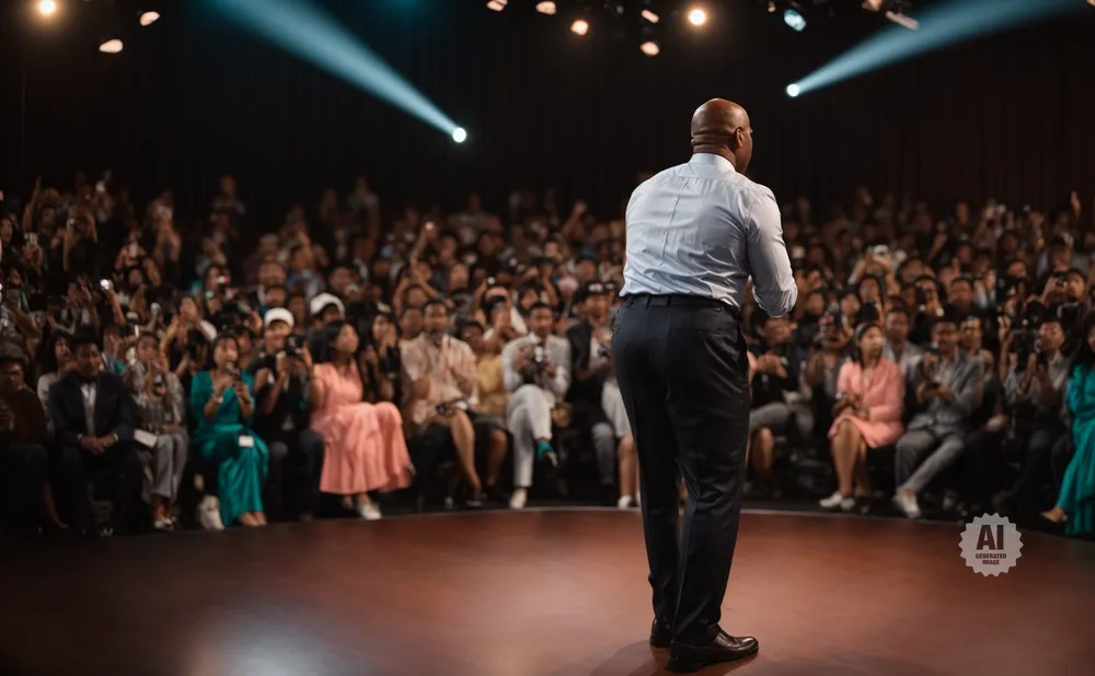 A man in a suit addresses a large audience, with spotlights shining from above.