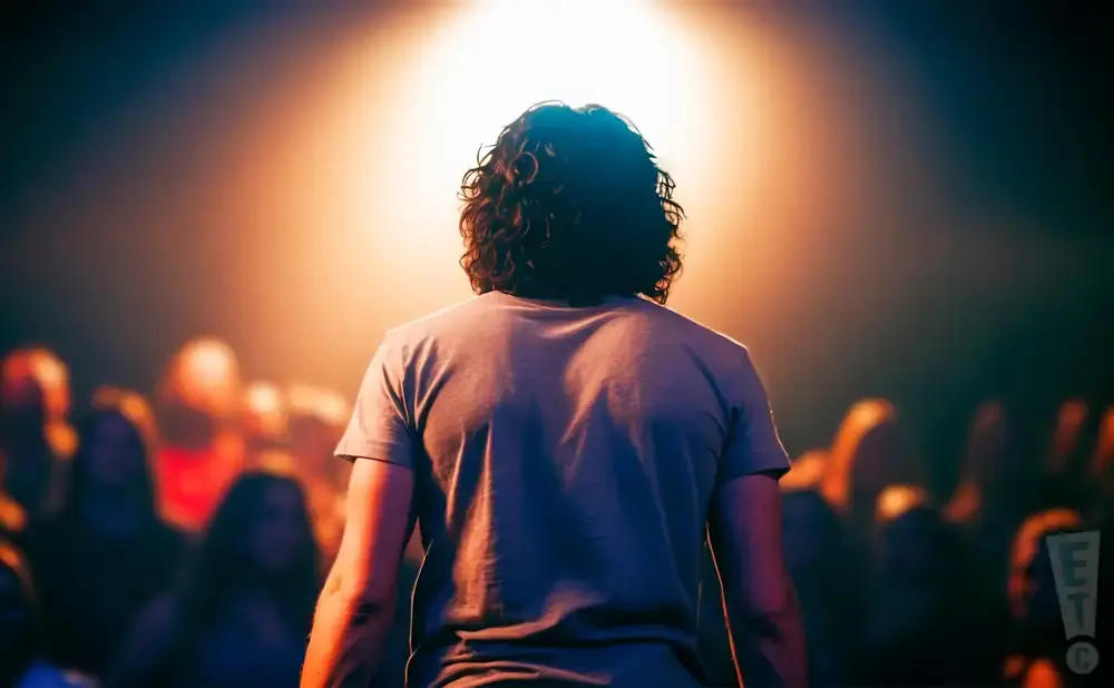 Back view of a person with curly hair under a spotlight, facing a blurred audience.