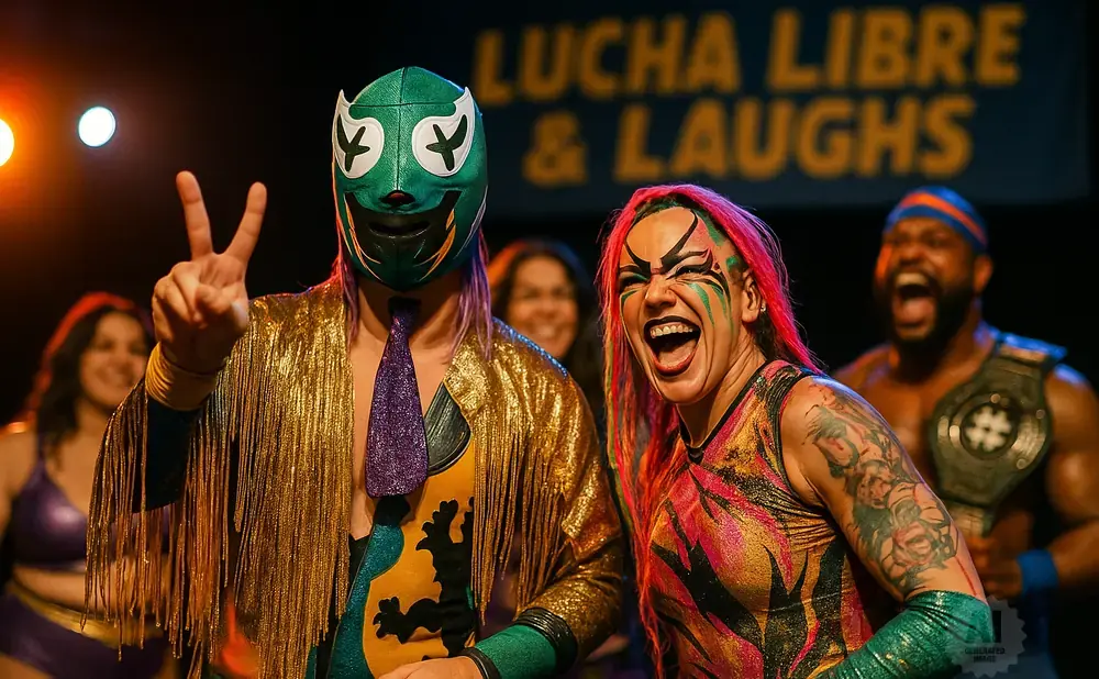 Wrestlers in colorful costumes, one masked and making a peace sign, the other with vibrant face paint and pink hair, with a cheering crowd in the backgr…