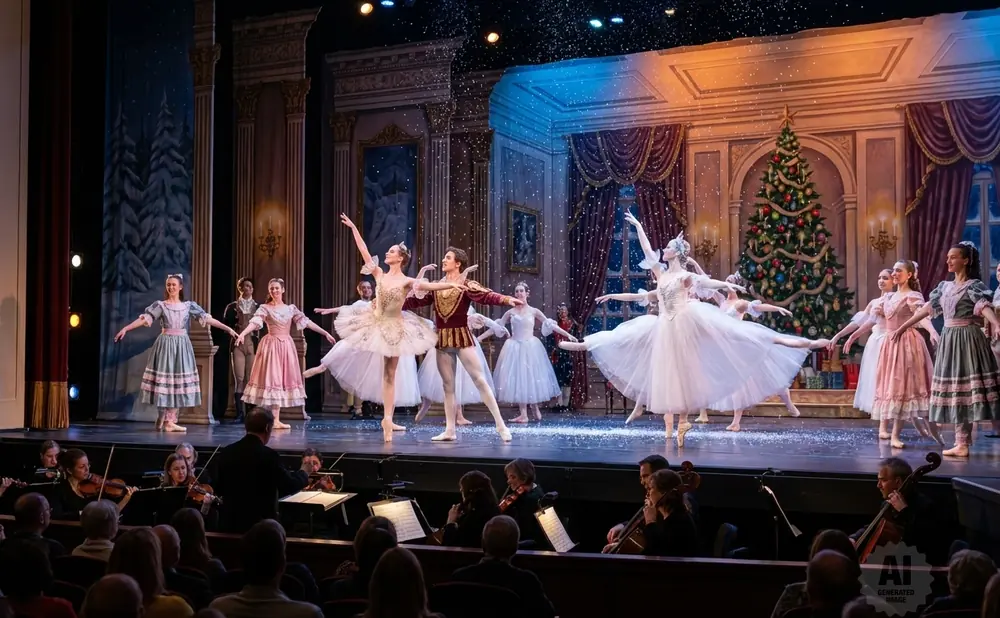 Dancers in elegant costumes perform ballet on a stage adorned with a Christmas tree and falling snow, with an orchestra in the foreground.