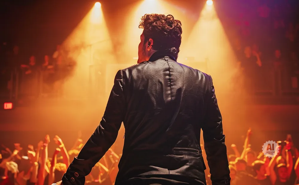 A performer in a black leather jacket on stage, facing a cheering crowd under bright lights.