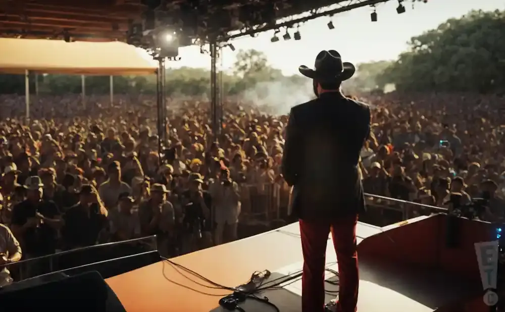 A performer in a cowboy hat and red pants stands on stage facing a large, cheering crowd.