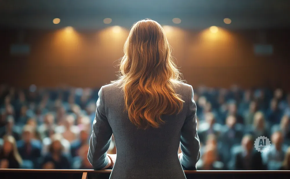 Woman with auburn hair in a grey blazer addresses a blurred audience from a podium.