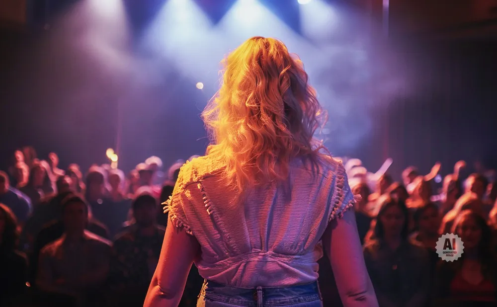 Woman with blonde hair facing a crowd under stage lights.