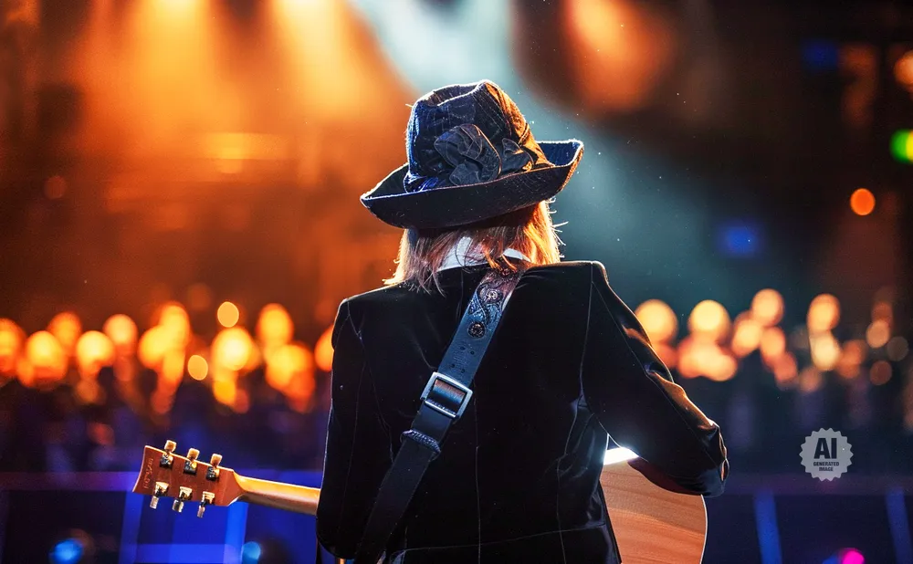 A musician in a hat and velvet jacket plays guitar on a brightly lit stage before a blurred audience.