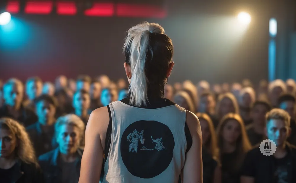 Person with two-toned hair on stage addresses a blurry, expectant crowd at a concert.