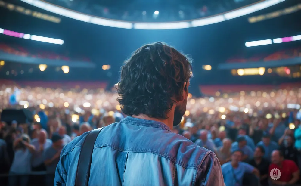 A musician with curly hair faces a large, illuminated concert crowd from behind, wearing a denim shirt.