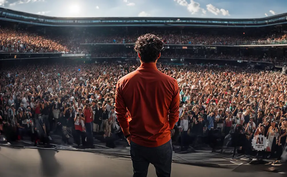 Man in orange shirt on stage facing a large stadium crowd with cameras.