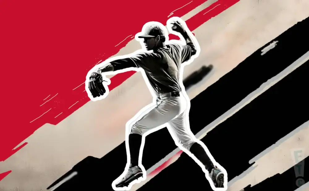 A baseball pitcher in mid-throw against a graphic background of red, black, and beige stripes.
