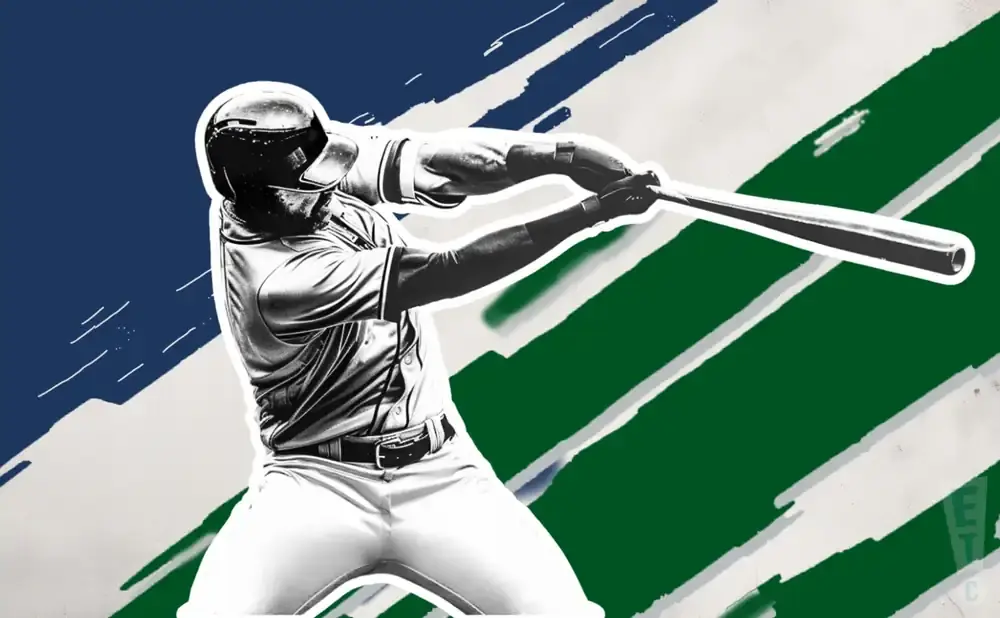 A baseball player swings a bat against a backdrop of blue and green stripes.