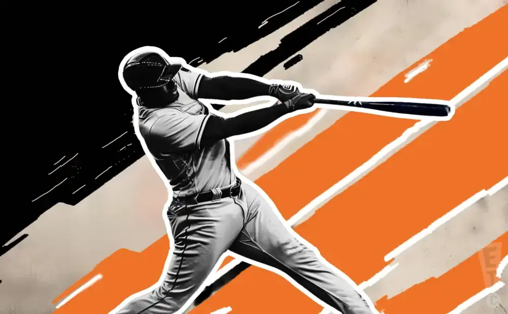 A baseball player swings a bat against an orange and black abstract background.