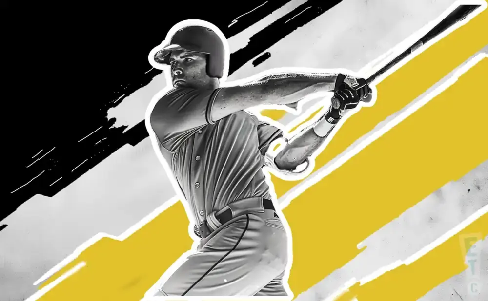 A baseball player swings a bat against a black and yellow graphic background.